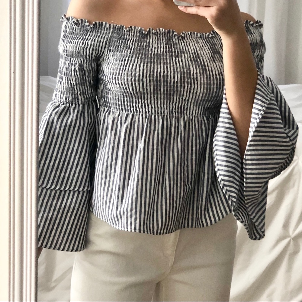 Off the Shoulder Ruched Blue and White Stripe Top